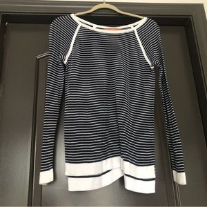 Etcetera navy and white striped mesh/breathable long sleeve circle neck top